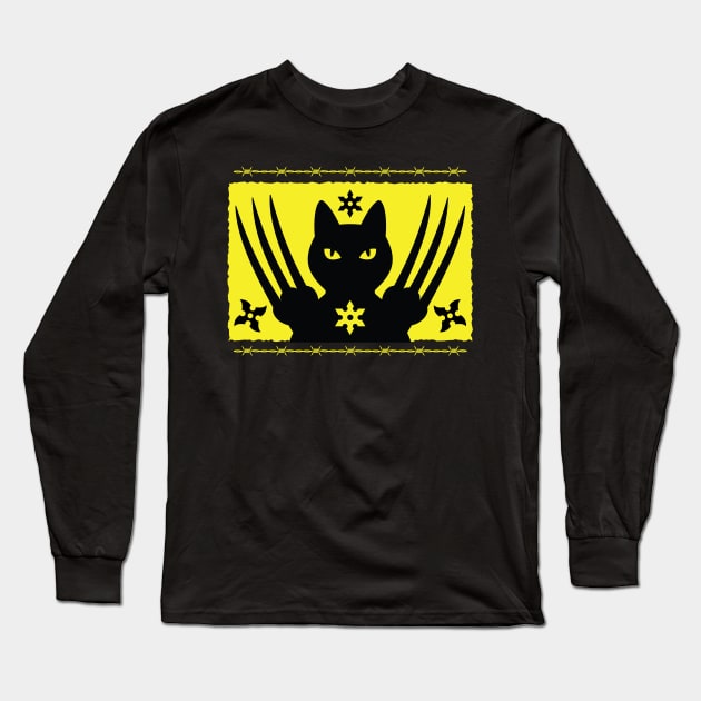 BLACK NINJA SAMURAI CAT WITH LONG SHARP CLAWS AND SHURIKENS T-Shirt Long Sleeve T-Shirt by Cat In Orbit ®